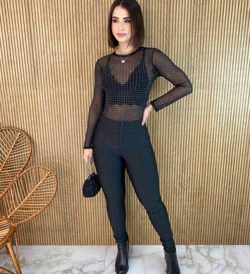 Body Feminino Manga Longa Tule com Aplicações Preto - Fernanda Ramos Store