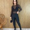 Body Feminino Manga Longa Tule com Aplicações Preto - Fernanda Ramos Store