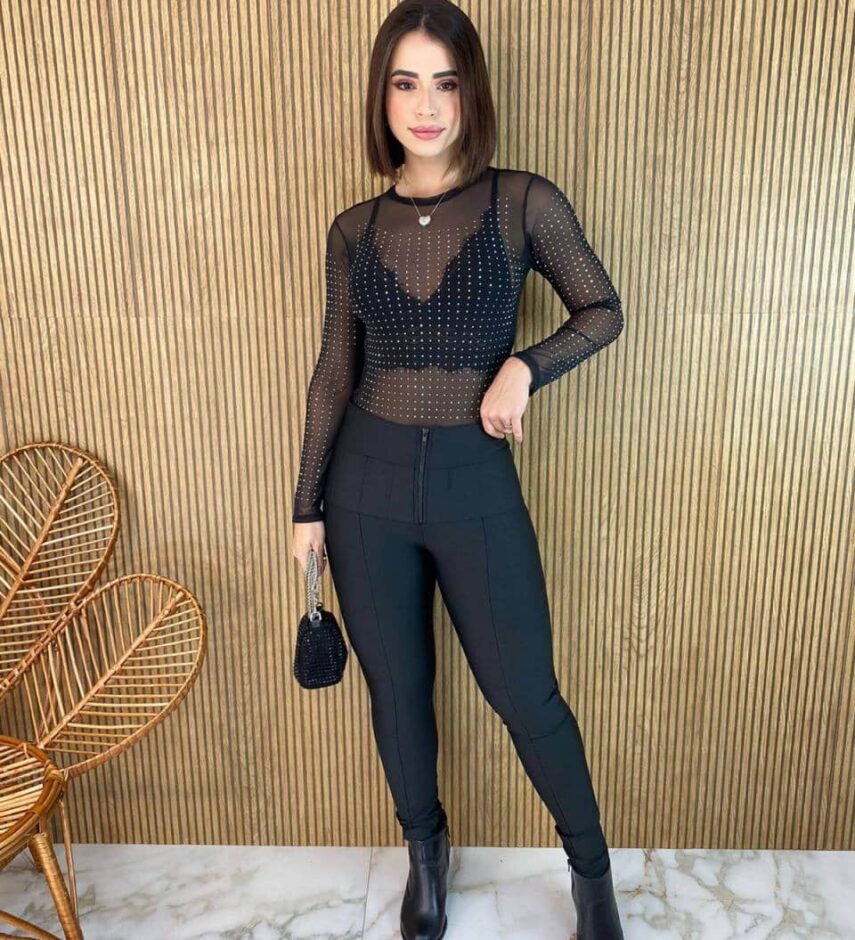 Body Feminino Manga Longa Tule com Aplicações Preto - Fernanda Ramos Store