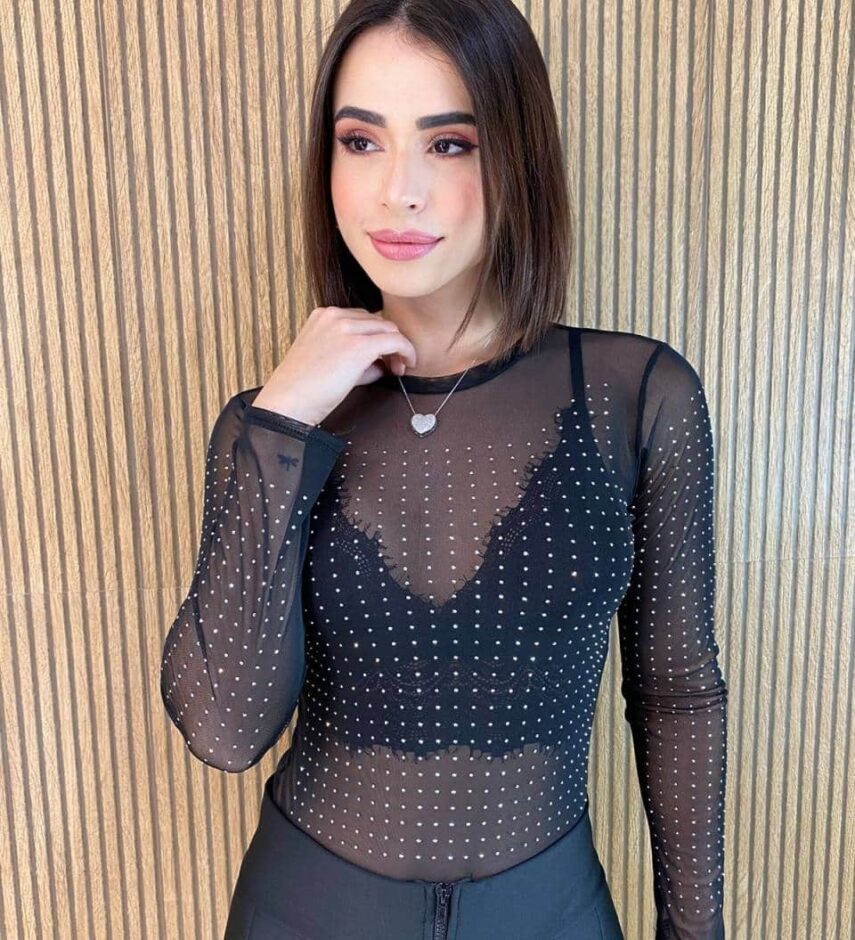Body Feminino Manga Longa Tule com Aplicações Preto - Fernanda Ramos Store