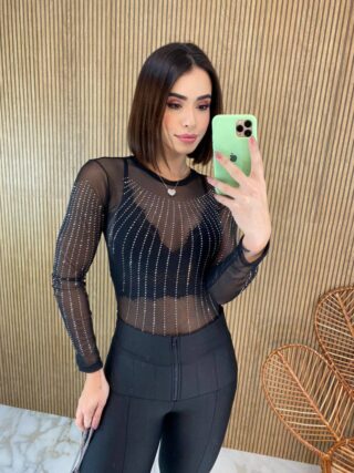 Body Feminino Manga Longa Tule Preto com Aplicações - Fernanda Ramos Store