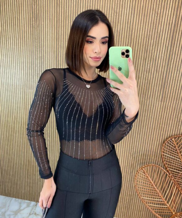 Body Feminino Manga Longa Tule Preto com Aplicações - Fernanda Ramos Store