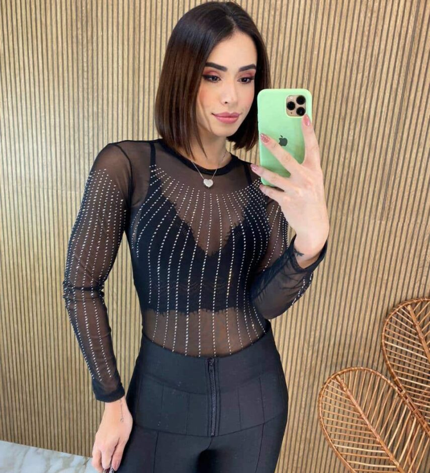 Body Feminino Manga Longa Tule Preto com Aplicações - Fernanda Ramos Store