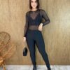 Body Feminino Manga Longa Tule Preto com Aplicações - Fernanda Ramos Store