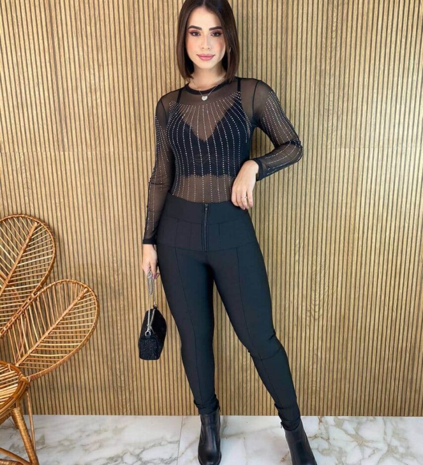 Body Feminino Manga Longa Tule Preto com Aplicações - Fernanda Ramos Store