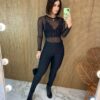 Body Feminino Manga Longa Tule Preto com Aplicações - Fernanda Ramos Store