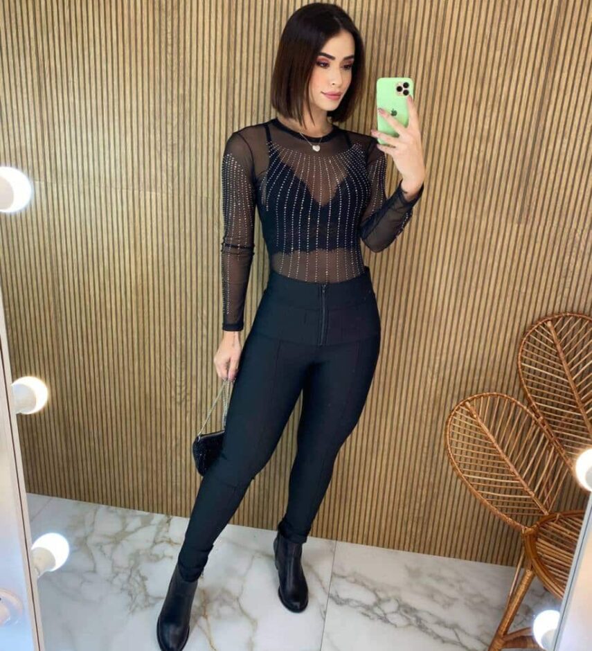 Body Feminino Manga Longa Tule Preto com Aplicações - Fernanda Ramos Store