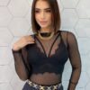 Body Feminino Manga Longa Tule Preto Luiza - Fernanda Ramos Store