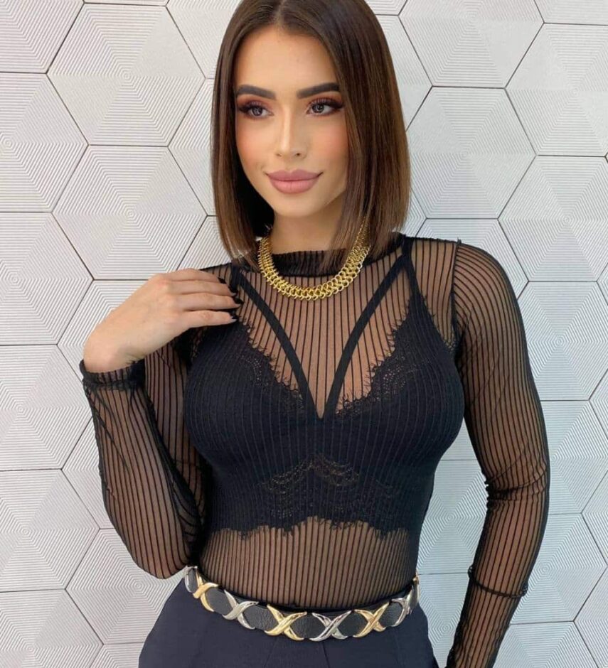 Body Feminino Manga Longa Tule Preto Luiza - Fernanda Ramos Store