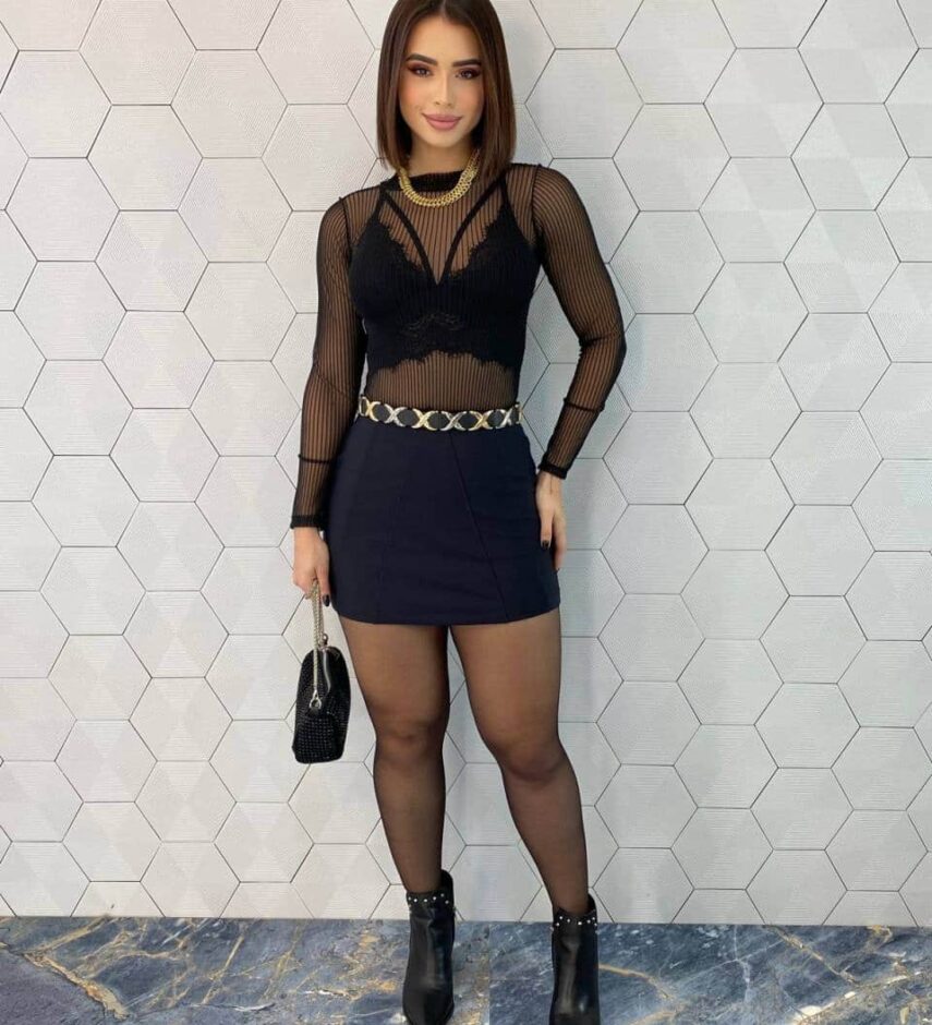 Body Feminino Manga Longa Tule Preto Luiza - Fernanda Ramos Store