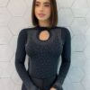 Body Feminino Mari Manga Longa com Aplicações Preto - Fernanda Ramos Store