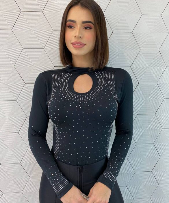 Body Feminino Mari Manga Longa com Aplicações Preto - Fernanda Ramos Store