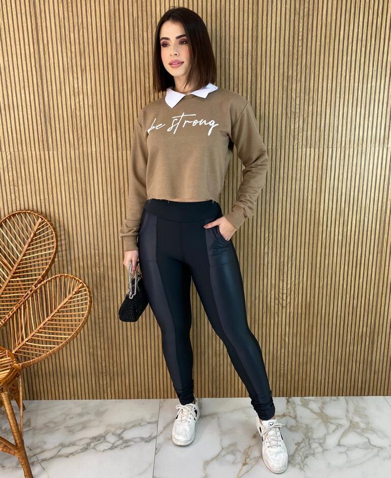 Calça Legging Flanelada Detalhe em Cirre Preta - Fernanda Ramos Store