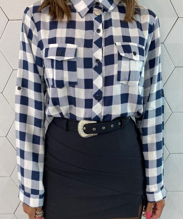 Camisa Feminina Manga Longa Alana Xadrez Azul - Fernanda Ramos Store