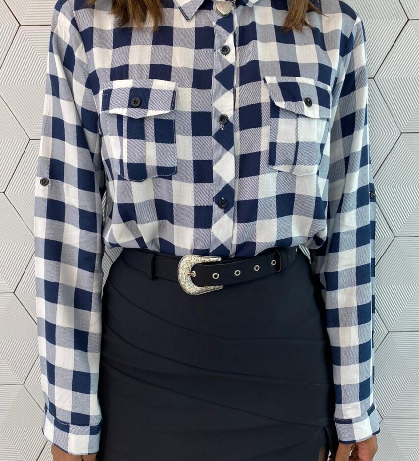 Camisa Feminina Manga Longa Alana Xadrez Azul - Fernanda Ramos Store