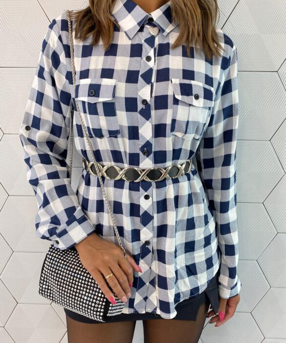 Camisa Feminina Manga Longa Alana Xadrez Azul - Fernanda Ramos Store