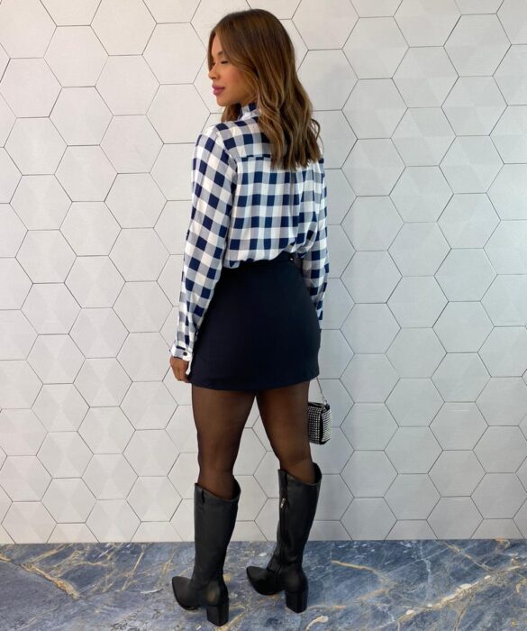 Camisa Feminina Manga Longa Alana Xadrez Azul - Fernanda Ramos Store