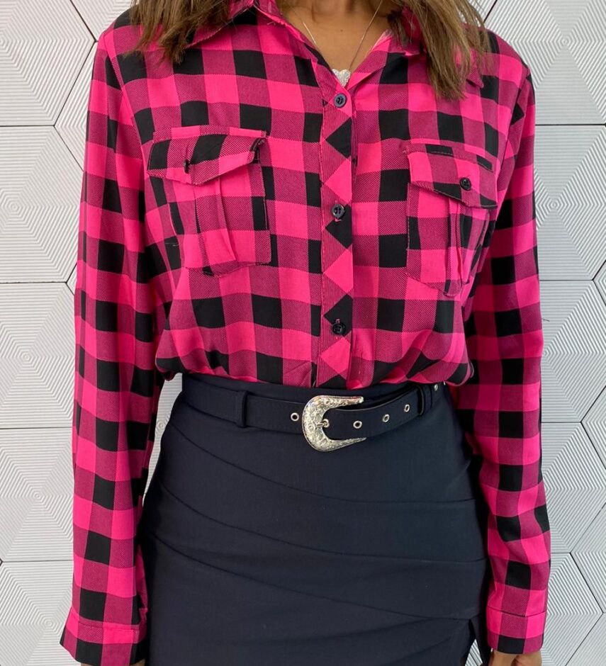 Camisa Feminina Manga Longa Alana Xadrez Pink - Fernanda Ramos Store