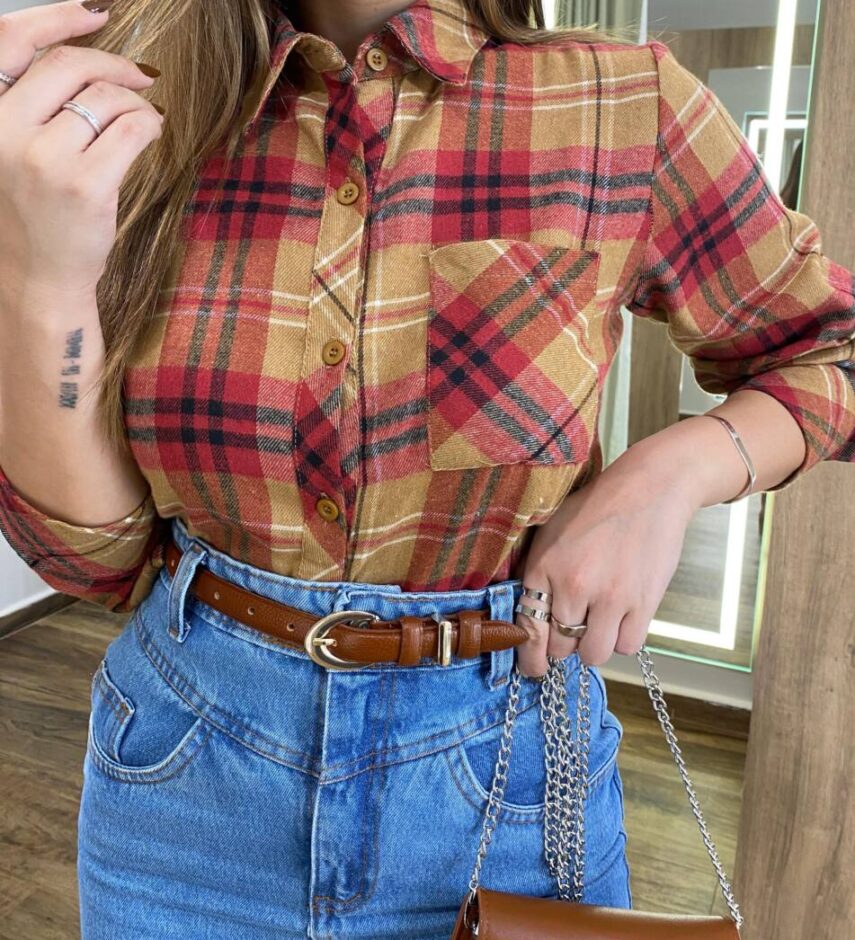 Camisa Feminina Manga Longa Isis Xadrez Flanelada Caramelo - Fernanda Ramos Store
