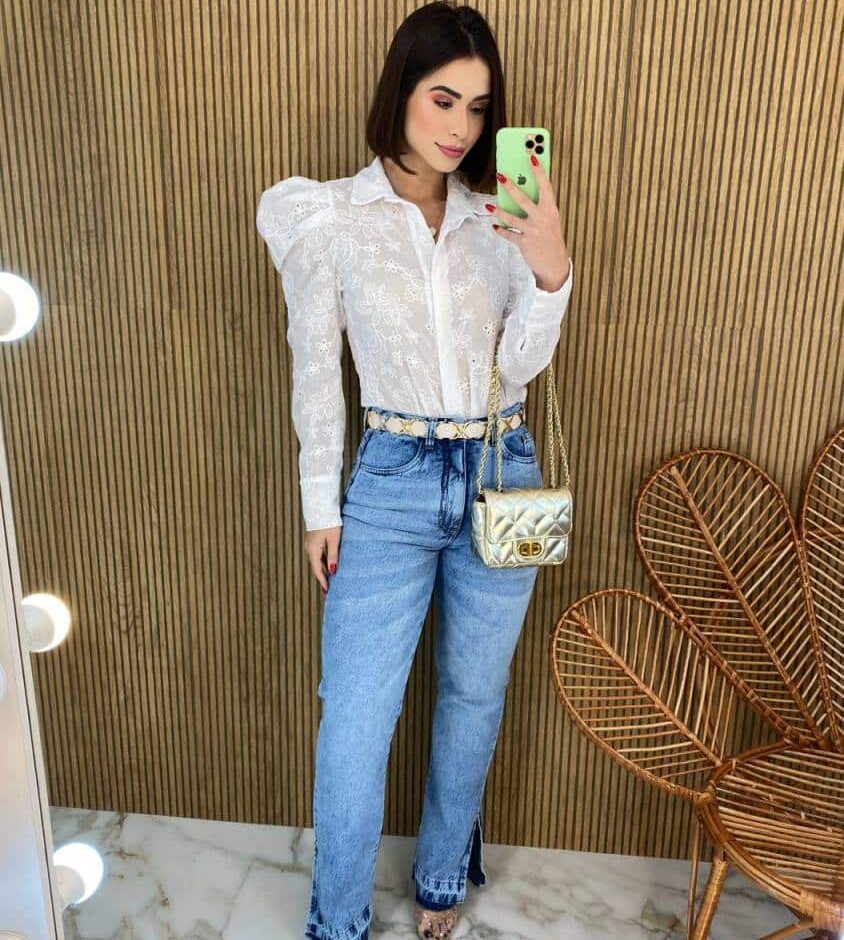 Camisa Feminina Manga Longa Laise Manga Bufante Branca - Fernanda Ramos Store