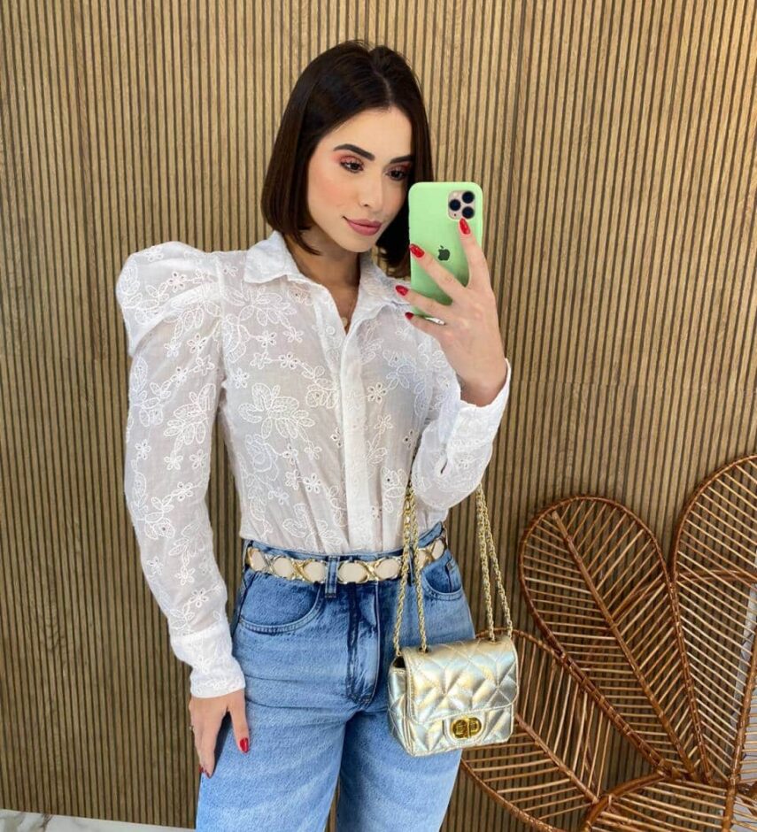 Camisa Feminina Manga Longa Laise Manga Bufante Branca - Fernanda Ramos Store