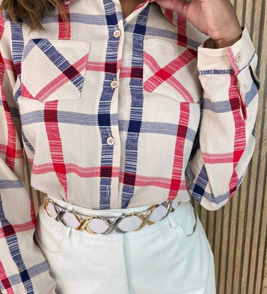 Camisa Feminina Manga Longa Maia Xadrez Bege - Fernanda Ramos Store