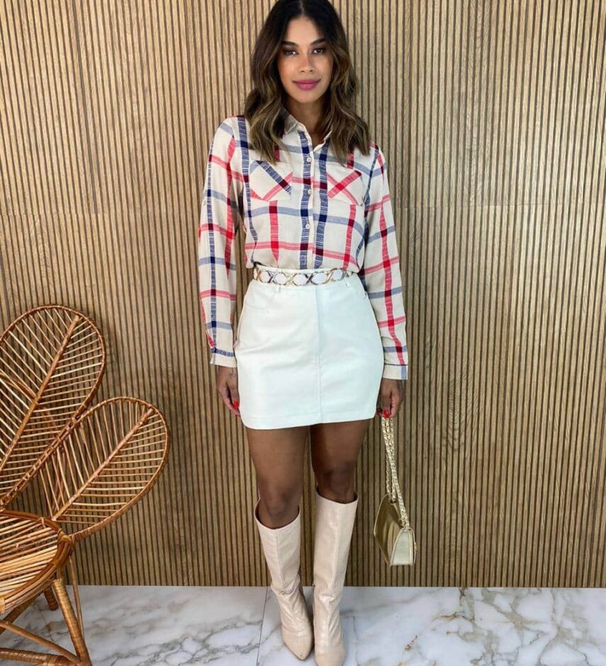 Camisa Feminina Manga Longa Maia Xadrez Bege - Fernanda Ramos Store