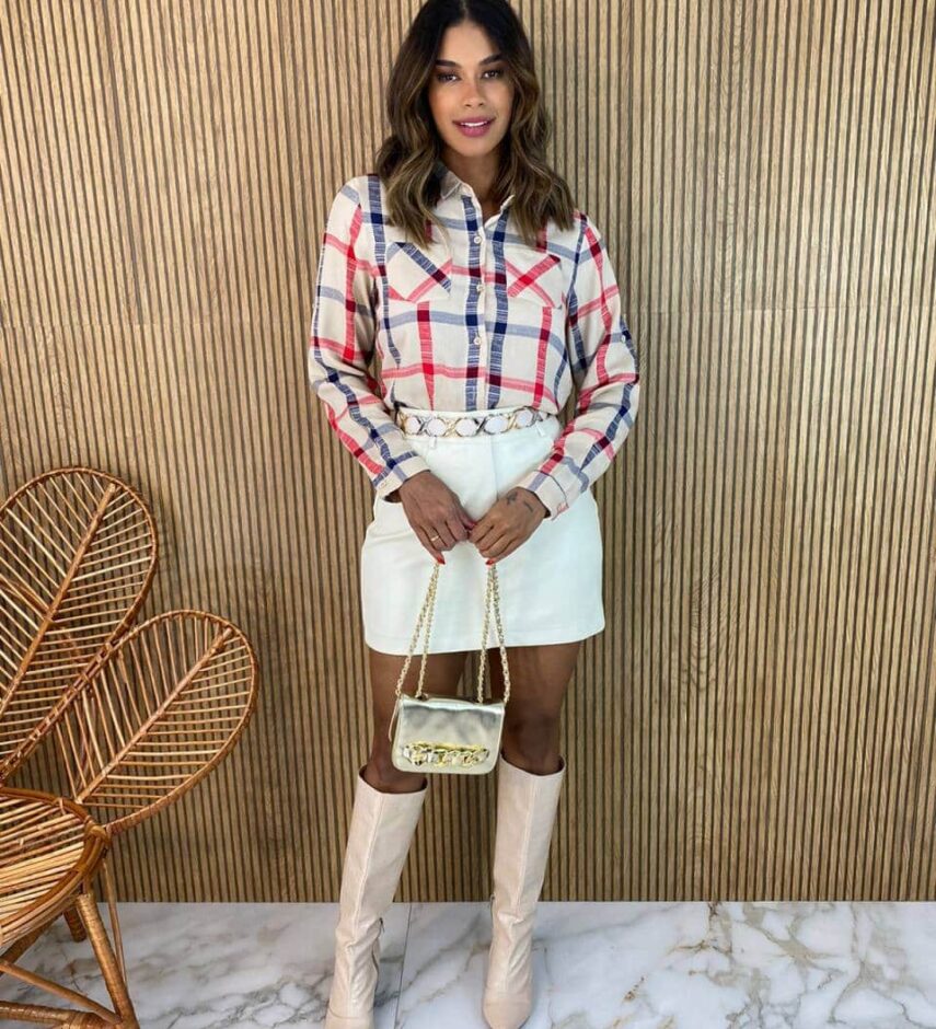 Camisa Feminina Manga Longa Maia Xadrez Bege - Fernanda Ramos Store