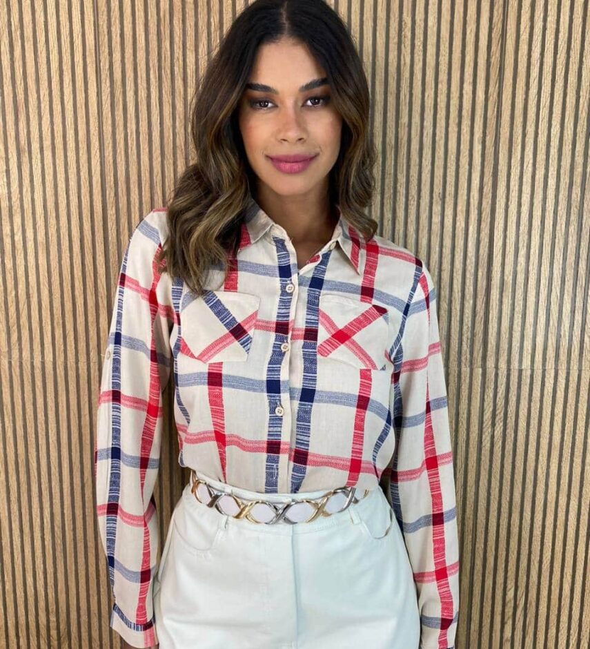 Camisa Feminina Manga Longa Maia Xadrez Bege - Fernanda Ramos Store