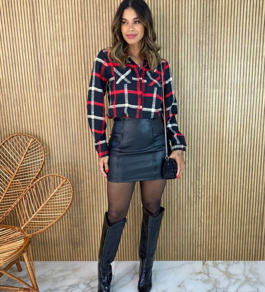Camisa Feminina Manga Longa Maia Xadrez Preto - Fernanda Ramos Store
