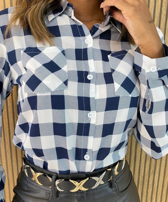 Camisa Feminina Manga Longa Xadrez Liz Azul - Fernanda Ramos Store