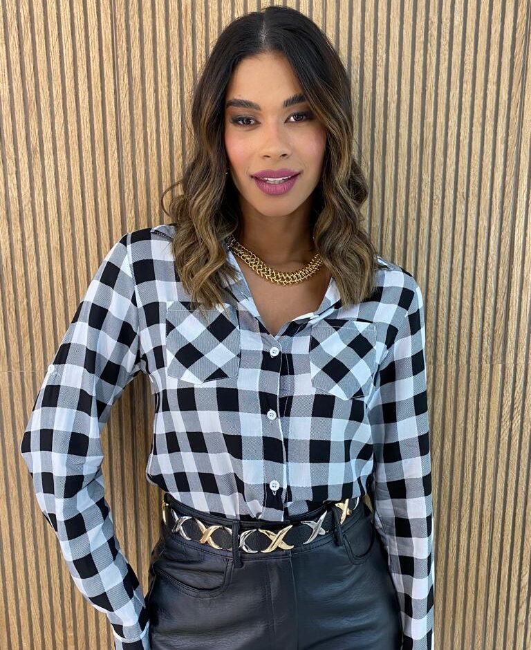 Camisa Feminina Manga Longa Xadrez Liz Preto e Branco Fernanda Ramos Store