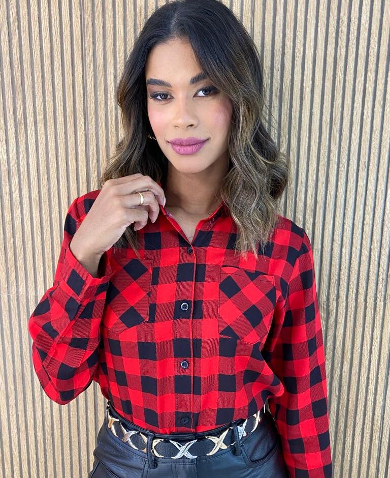 Camisa Feminina Manga Longa Xadrez Liz Vermelha - Fernanda Ramos Store