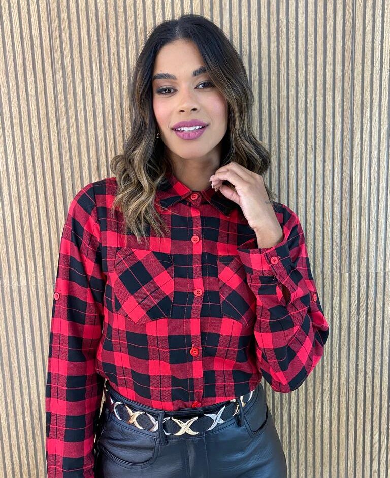 Camisa Feminina Manga Longa Xadrez Liz Vermelha e Preta - Fernanda Ramos Store