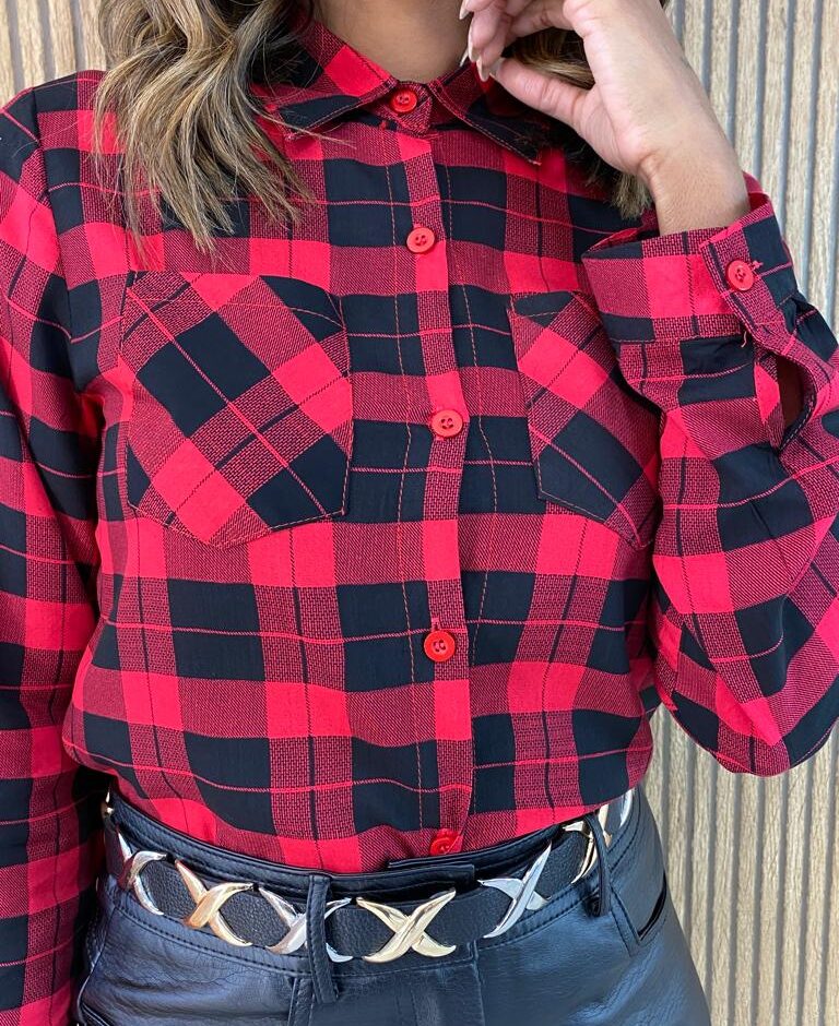 Camisa Feminina Manga Longa Xadrez Liz Vermelha e Preta - Fernanda Ramos Store