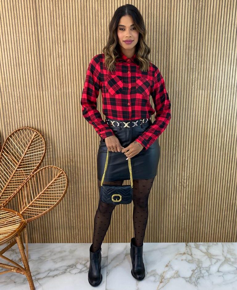 Camisa Feminina Manga Longa Xadrez Liz Vermelha e Preta - Fernanda Ramos Store