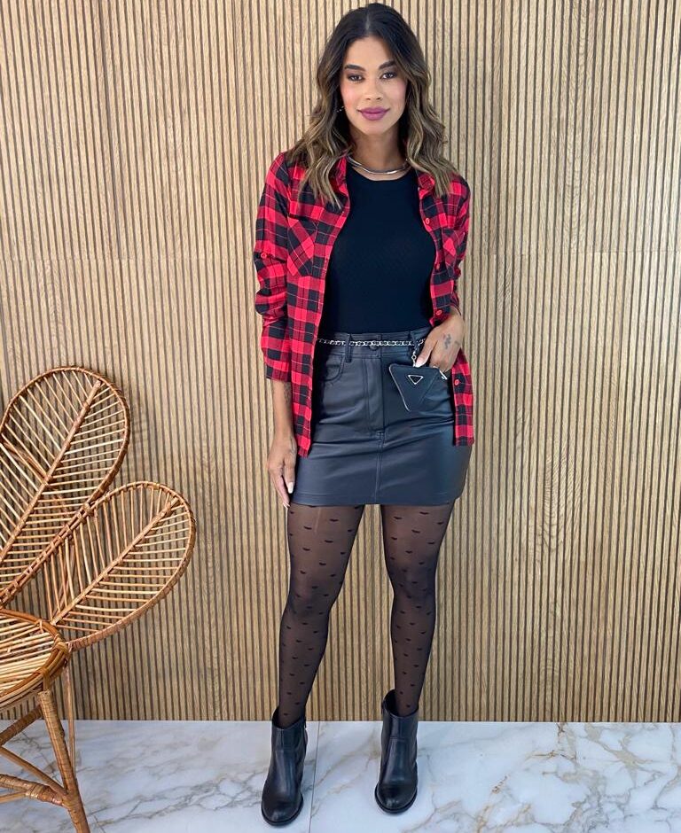 Camisa Feminina Manga Longa Xadrez Liz Vermelha e Preta - Fernanda Ramos Store