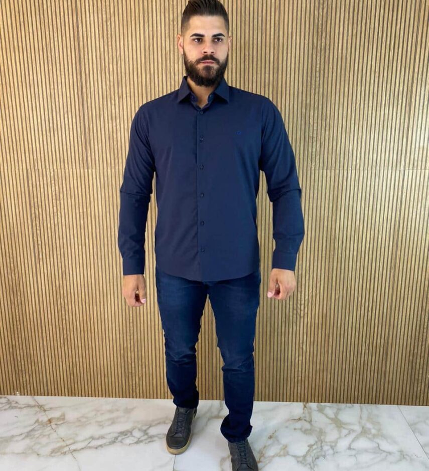 Camisa Manga Longa Masculina Slim Ogochi Azul 0004 - Fernanda Ramos Store