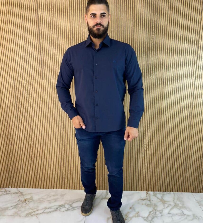 Camisa Manga Longa Masculina Slim Ogochi Azul 0004 - Fernanda Ramos Store