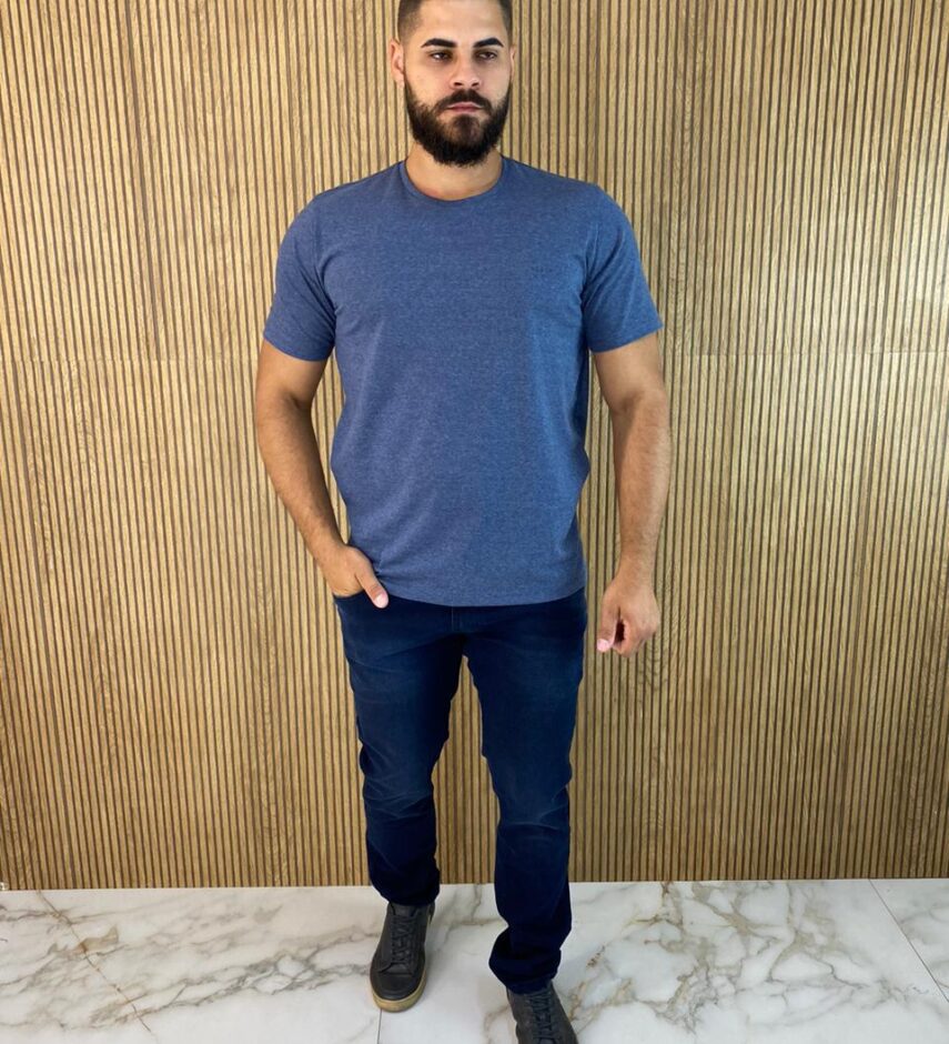 Camiseta Masculina Ogochi Básica Slim Azul Mesclado 0004 - Fernanda Ramos Store