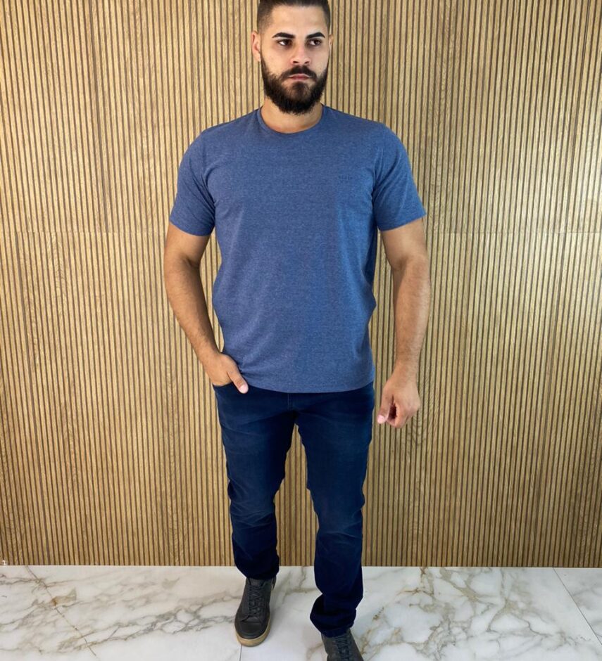 Camiseta Masculina Ogochi Básica Slim Azul Mesclado 0004 - Fernanda Ramos Store