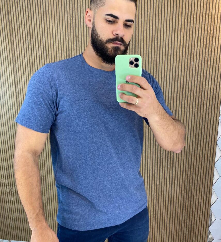 Camiseta Masculina Ogochi Básica Slim Azul Mesclado 0004 - Fernanda Ramos Store