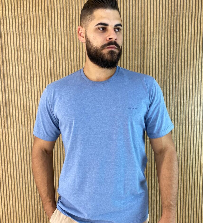 Camiseta Masculina Ogochi Básica Slim Azul Mesclado 0036 - Fernanda Ramos Store