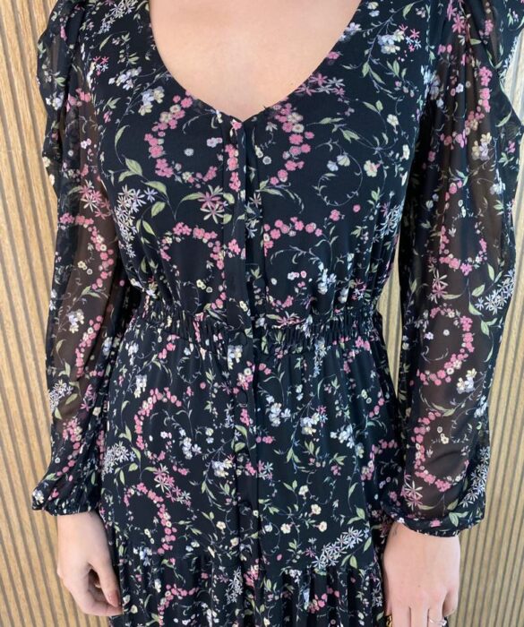 Chemise Longo Estampa Floral Preto Manga Longa - Fernanda Ramos Store