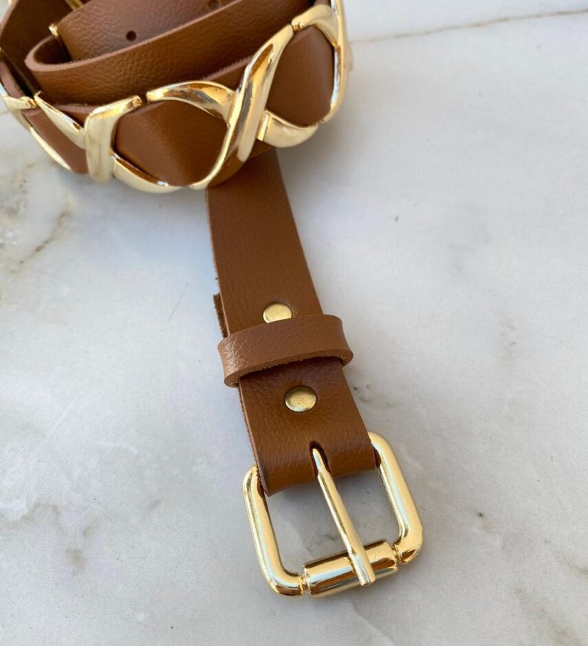 Cinto Feminino Couro Sintético Marrom Detalhe Dourado - Fernanda Ramos Store