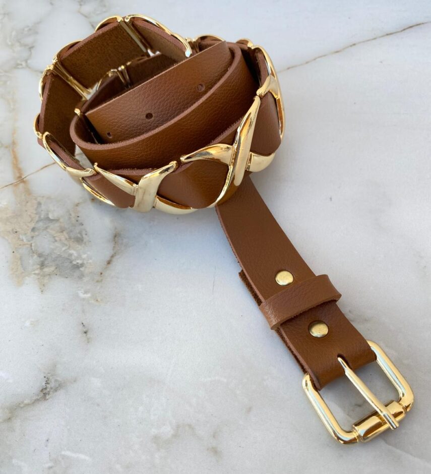 Cinto Feminino Couro Sintético Marrom Detalhe Dourado - Fernanda Ramos Store