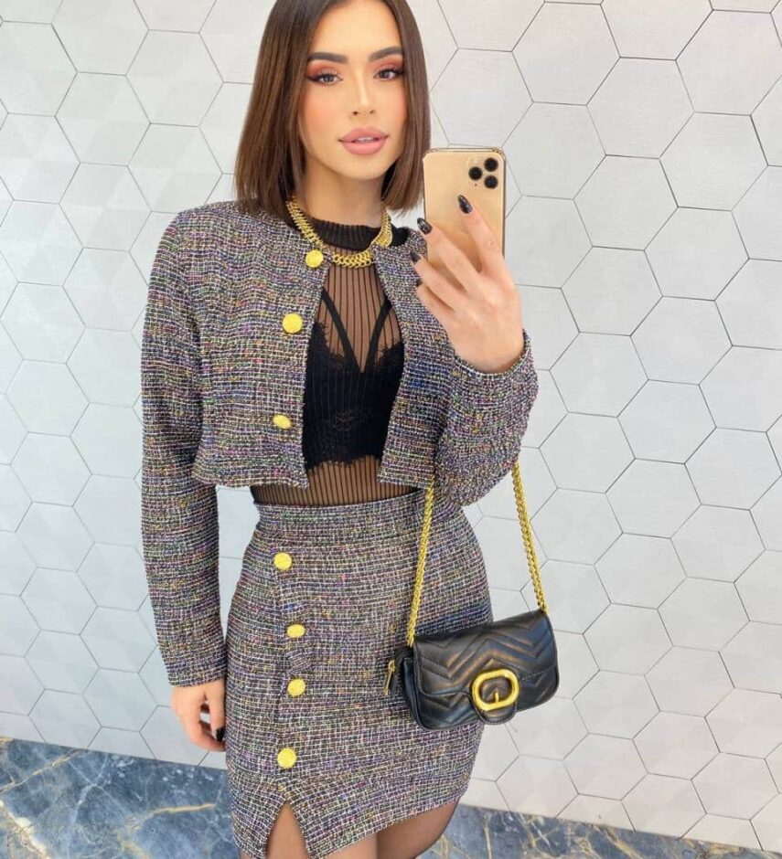 Conjunto Feminino Casaquinho e Saia Curta Tweed Colorido - Fernanda Ramos Store