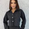 Conjunto Feminino Cropped e Saia Curta Risca de Giz Preto - Fernanda Ramos Store