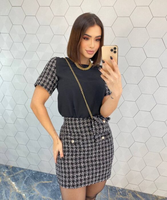 Conjunto Feminino Saia Tweed Blusa Manga Curta e Bolsinha - Fernanda Ramos Store