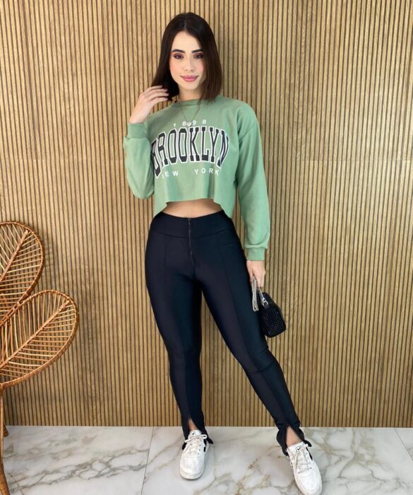 Cropped Feminino Manga Longa Moletom Brooklyn Verde - Fernanda Ramos Store